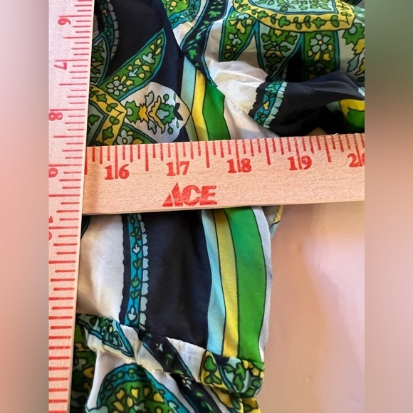 Vintage Y2K Alice & Trixie green blue paisley v-neck babydoll bell slv top sz L - Picture 9 of 9